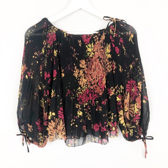 Aritzia Wilfred Talence Silky Chiffon Micro Pleated Floral Peasant Sleeve Blouse - Picture 5 of 11